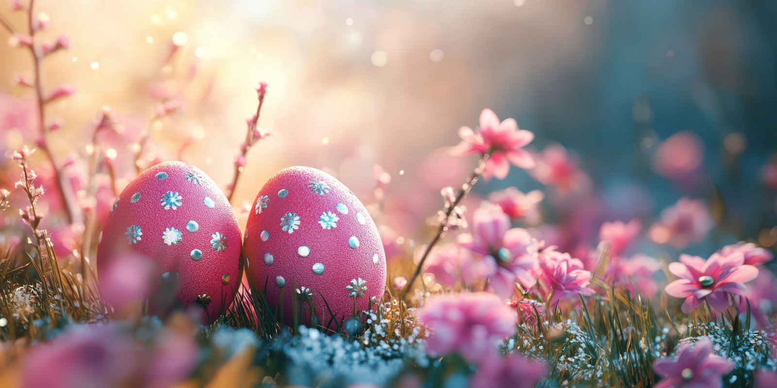 Colorful Easter eggs nestled among blooming flowers in a sunny spring garden